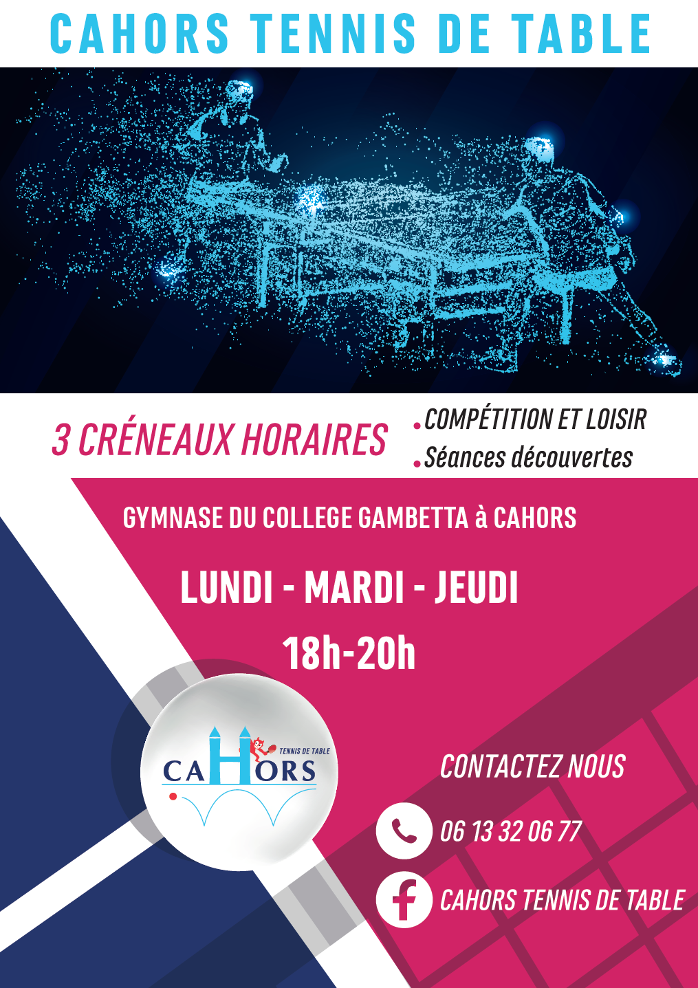 créneaux horaires du cahors tennis de table pour la saison 2022 / 2023