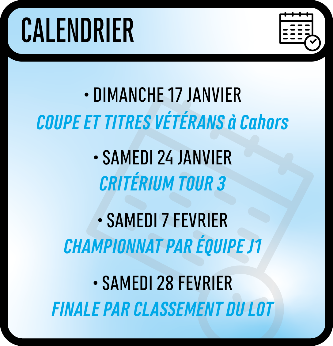 calendrier du mois de janvier au CAHORS TT